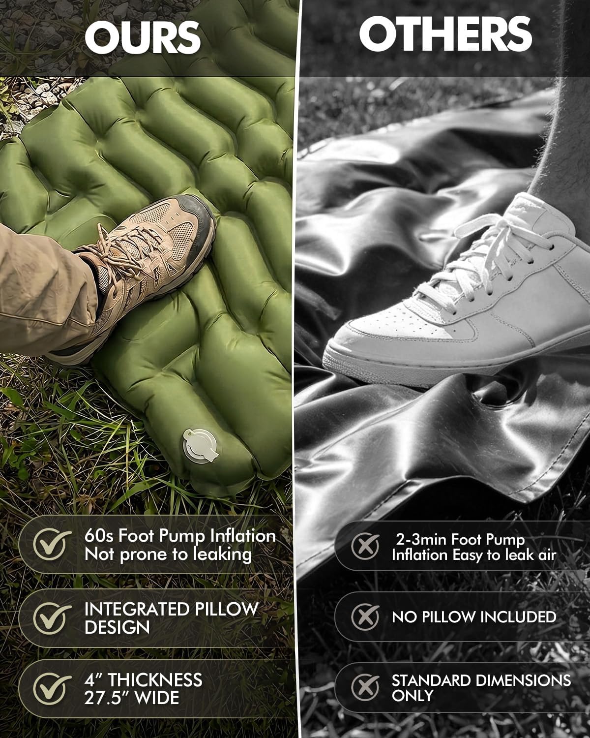 Camping Sleeping Pad, Inflatable Camping Mattress Pad with Built-in Pillow & Foot Pump, 4 Inch Thick Ultralight Sleeping Air Mattress for Backpacking, Hiking, Traveling, Tent Camping - Olive Green