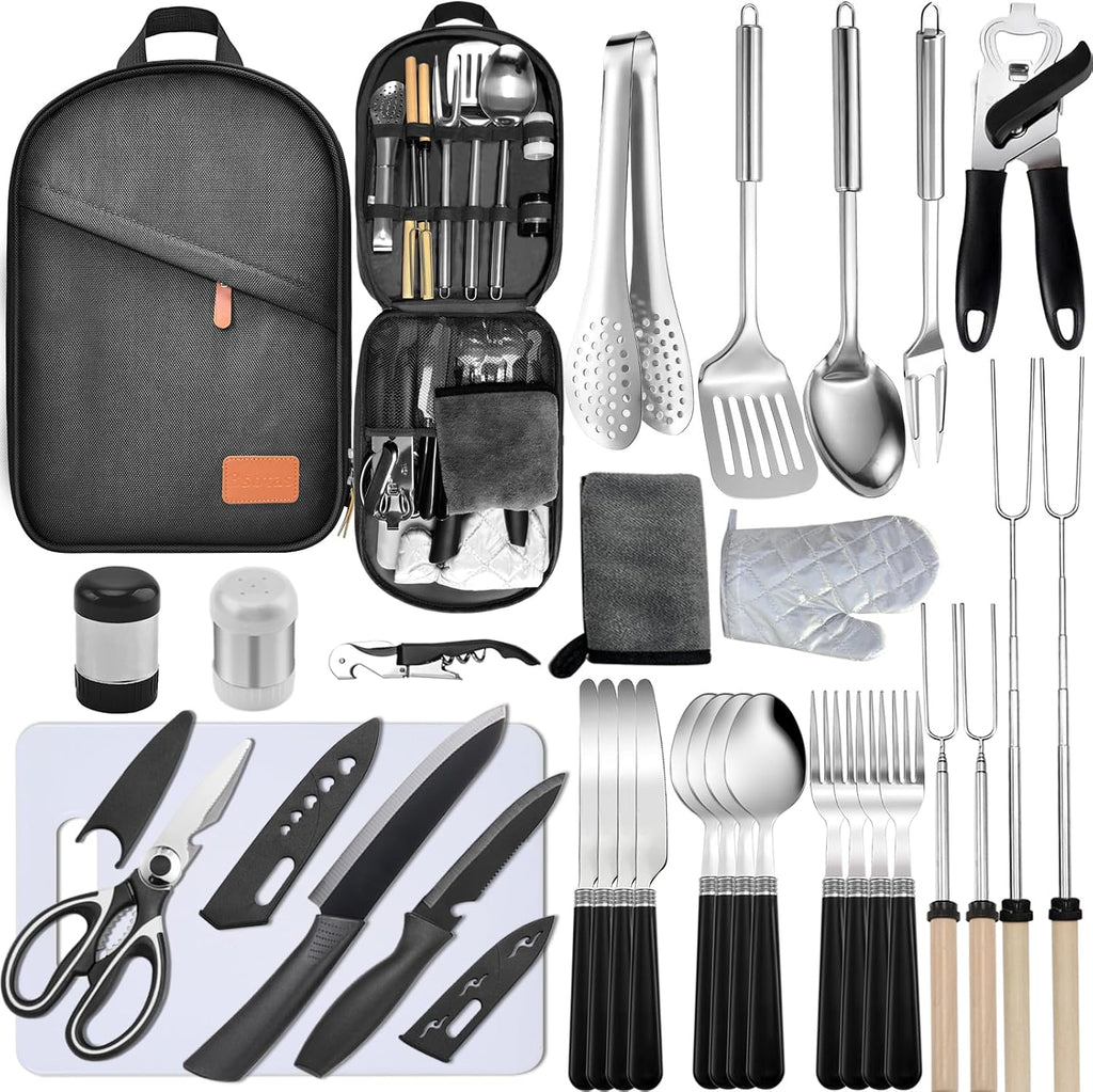 Camping Cooking Utensils Set - Camping Utensil Set Car Camping Cooking Essentials Gear for Camp Kitchen Cooking and Grilling, Stainless Steel & Silicone Ideal Gift for RV Tent Camper