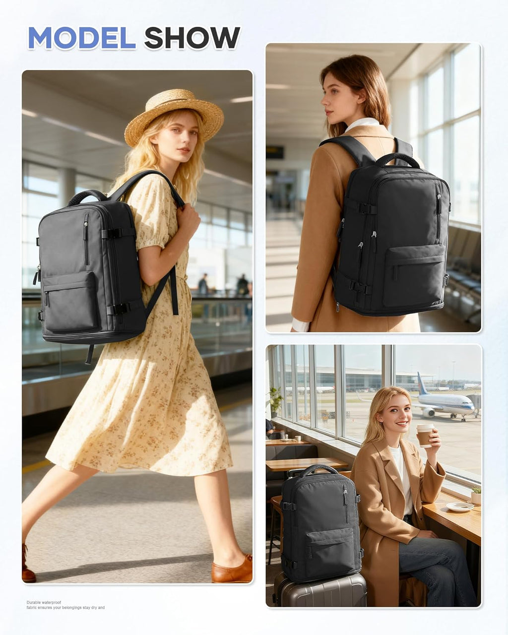 Large Travel Backpack Women Carry On Hiking Backpack Waterproof Outdoor Sports Casual Daypack Personal item Travel Bag Airplane Essentials Spirit Airline Flight Approved Shoes Compartment Men,Black