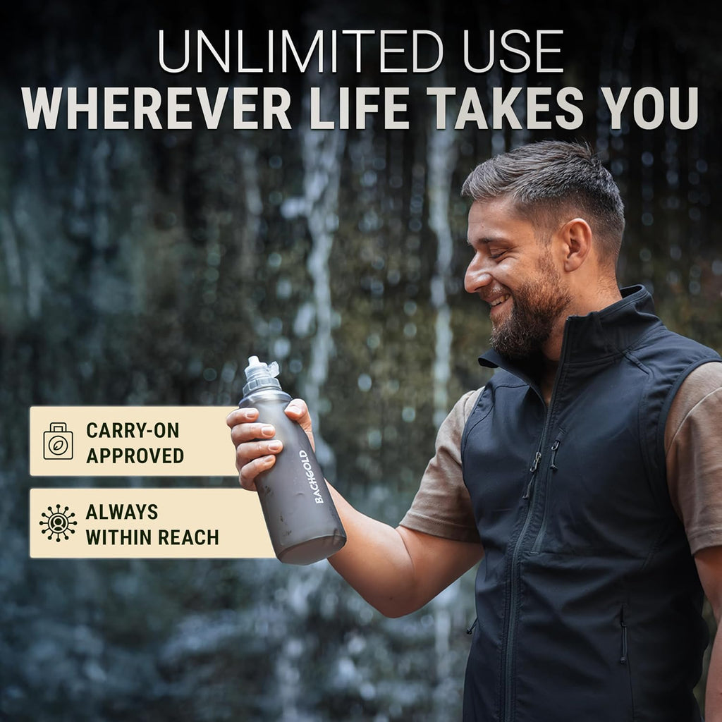 Bachgold Squeeze Filtered Water Bottle, Collapsible Portable Camping Filter