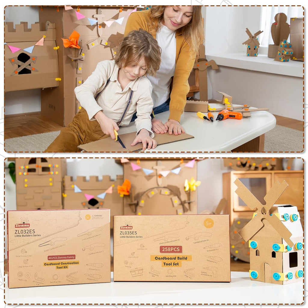 Kids Cardboard Construction Tool Set with Electric Drill & Tool Belt -258PCS, STEM Building Kit for Creative Craft Projects, Educational DIY Engineering Toy for Boys & Girls