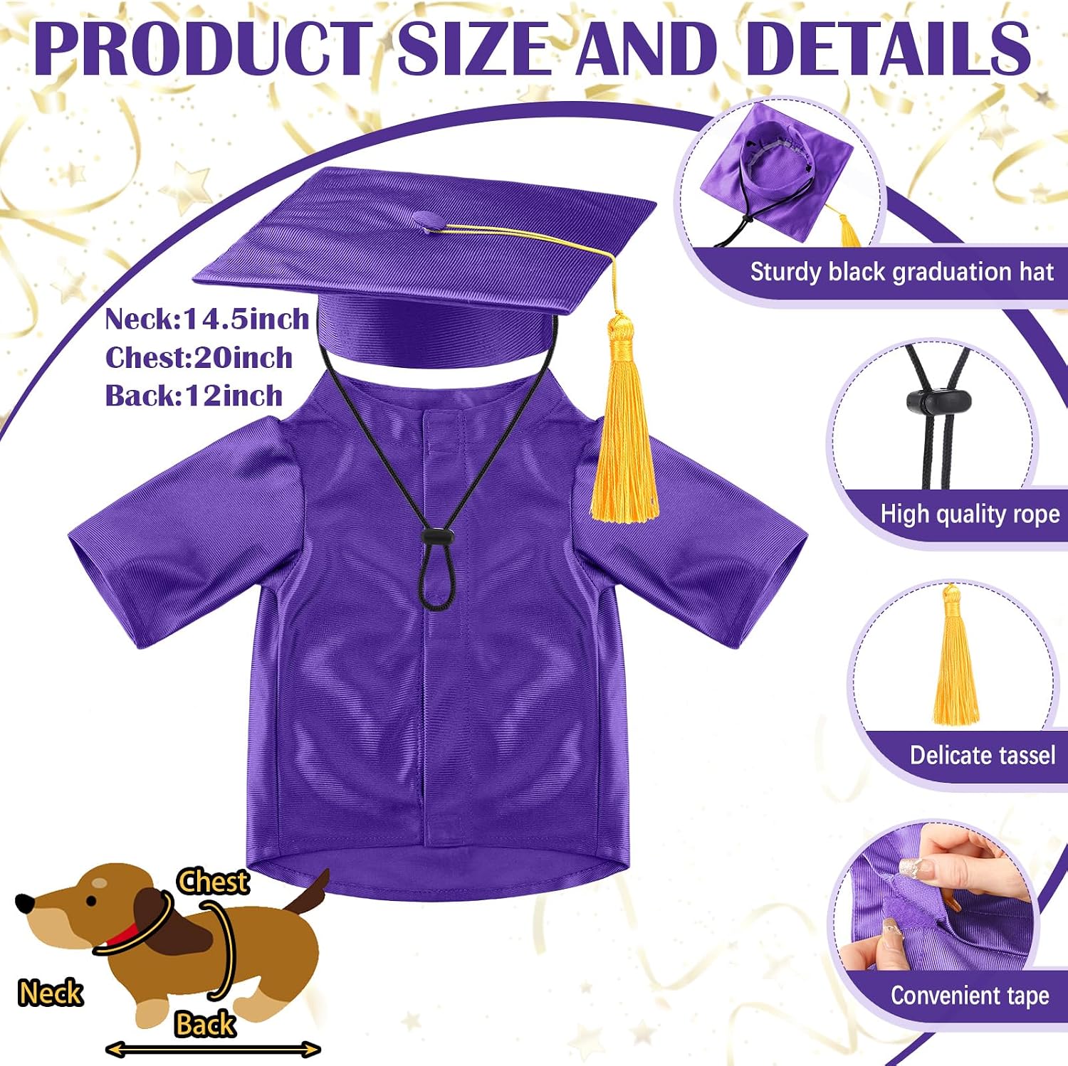 Chicingyou Small Dog Graduation Cap and Gown 2026 with Stole Washable Shirt and Hat Pet Graduation Gown Costume Outfit for Tiny Dog Little Cat Doll Clothes Holiday Halloween Costume Accessory(Purple)