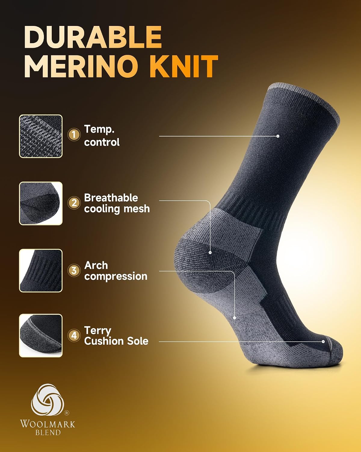 RUIXUE Merino Wool Hiking Socks for Men Women, OEKO-TEX & GRS Certified, Seamless Toe, Terry Cushioned -3 Pairs