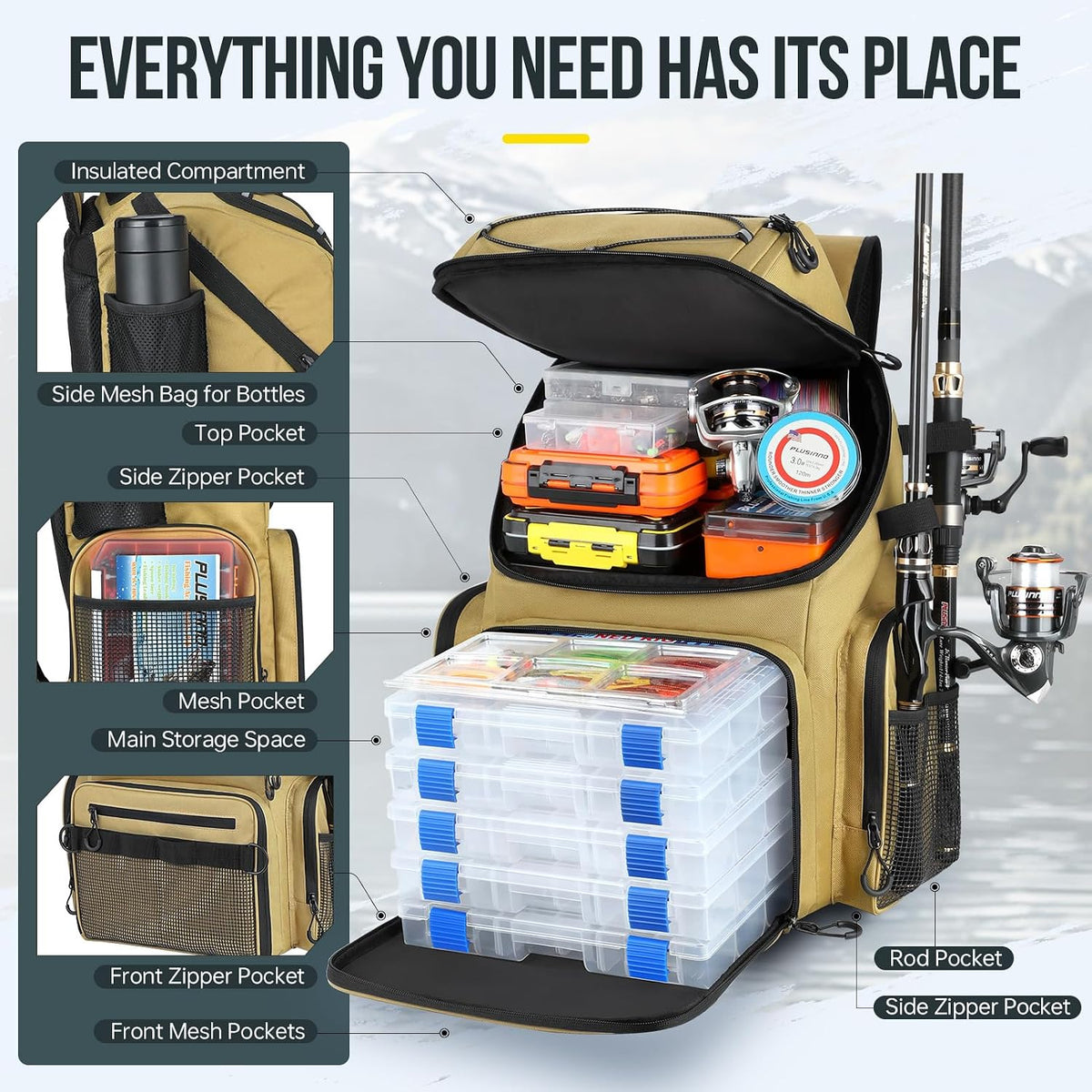 PLUSINNO Cooler Fishing Backpack with Rod Holders 45L Large Water-resistant Fishing Tackle bag Store Fishing Gear Fishing Gifts for Men Father