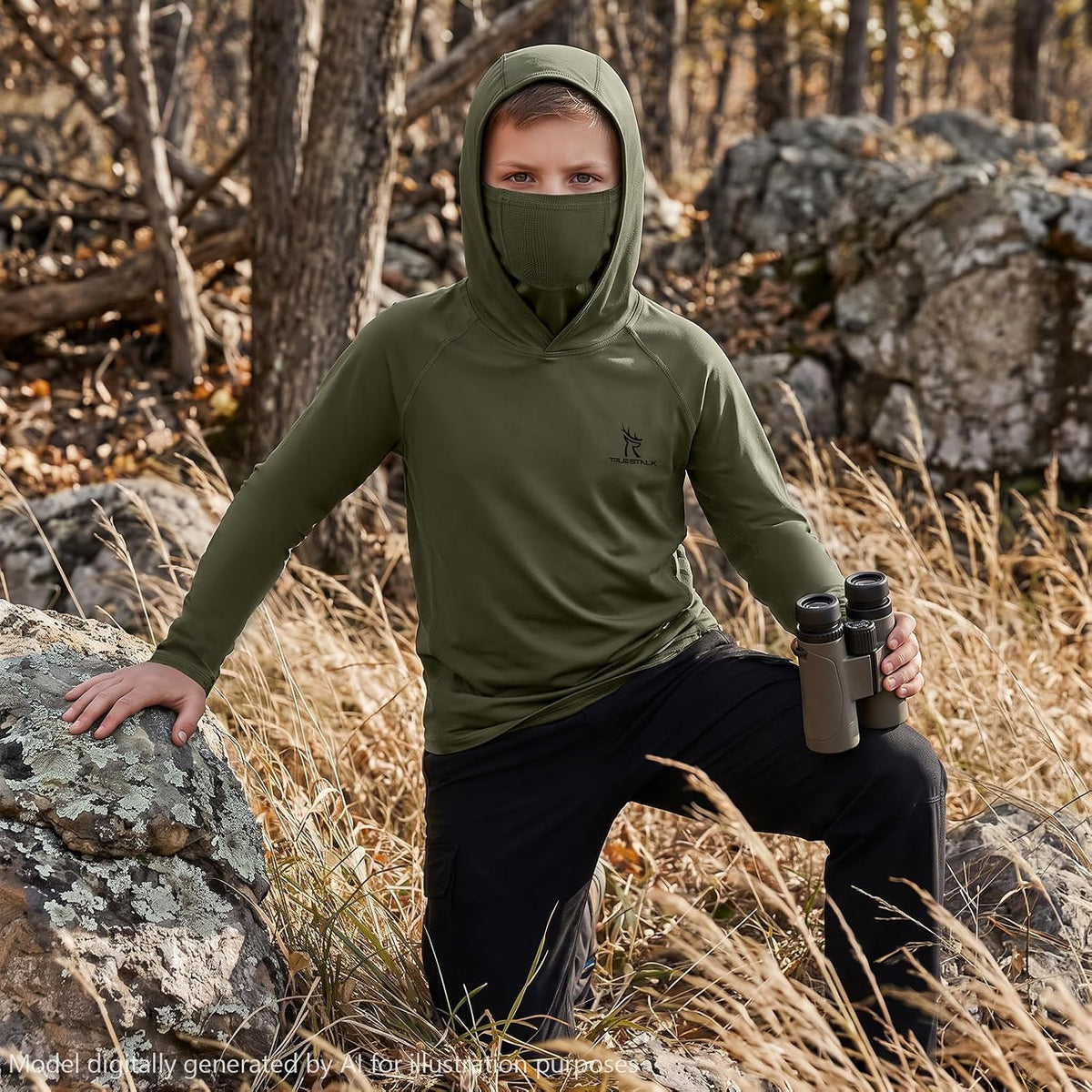 Youth UPF 50+ Camo Hunting Hoodie Shirt with Face Mask