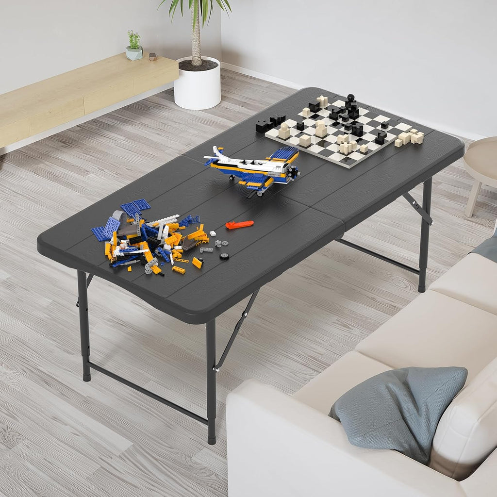 VINGLI 4 FT Plastic Folding Camping Table,3-Level Adjustable Height, Portable in/Outdoor Party Picnic Dining Desk,Off-White Garden Soccer Multipurpose Entertaining Activities, Black