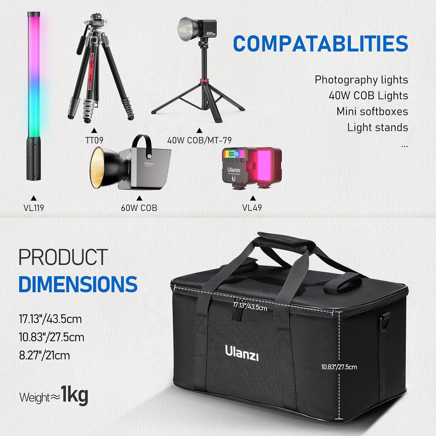 ULANZI Carrying Bag with Movable Foam Padded for Studio Light, Light Stands
