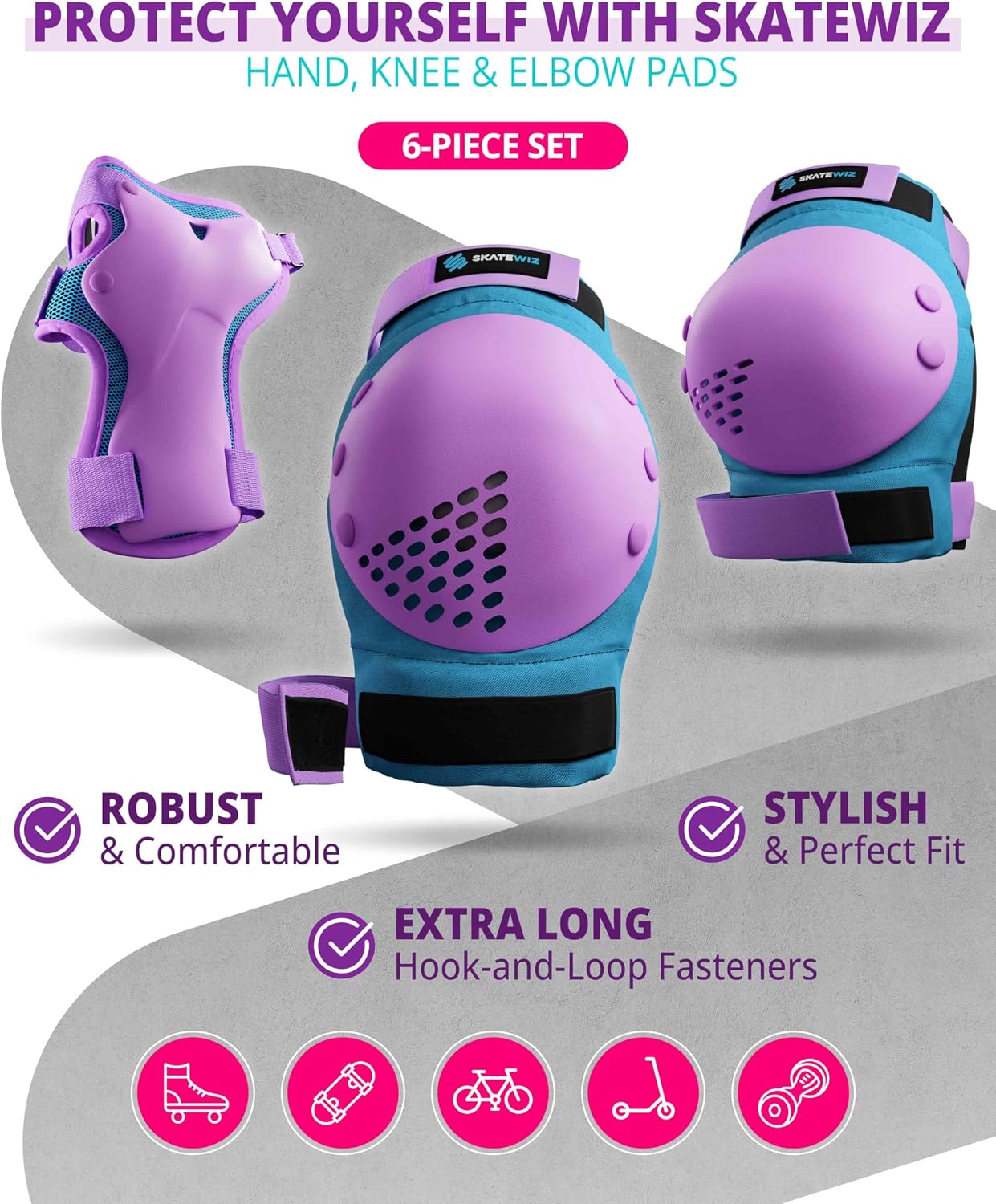 SKATEWIZ Skateboard Pads Protective Gear Set for Kids and Adults - Smash - Roller Skate Pads [6pc] with Wrist Guards - Skating Protective Gear - Roller Derby