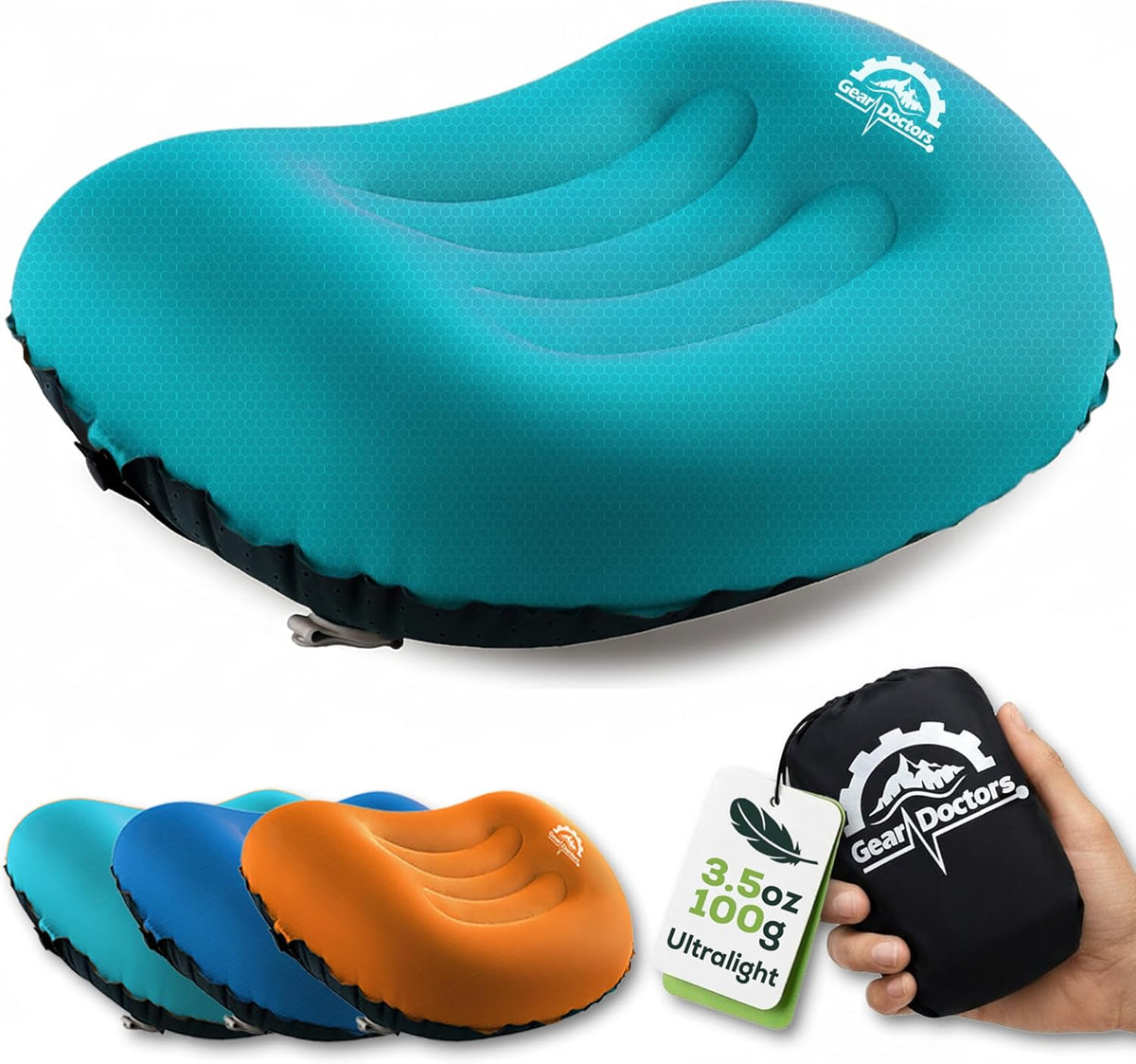 Gear Doctors 3.5oz Compact Ultralight Inflatable Camping Pillow —Inflatable Camp Pillow —Backpacking Pillows Ultralight—Camping Pillows for Sleeping, Hiking, Travel, Beach, Office, Neck, Lumper [Teal]