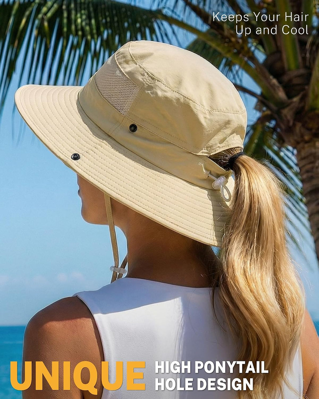Women's Sun Hat Sun Protection Wide Brim Bucket with Ponytail Hole Summer