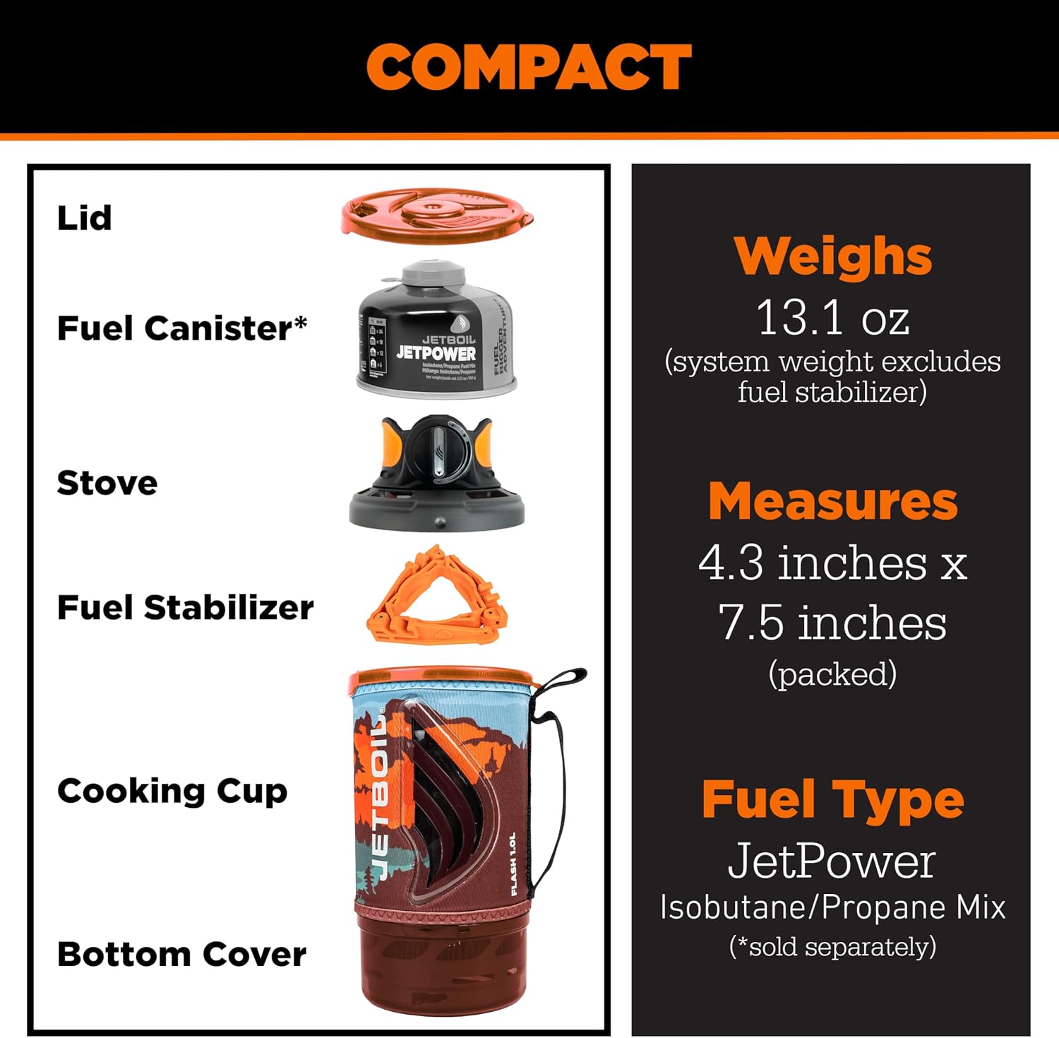Jetboil Flash 1.0L Portable Fast Boil Stove for Camping and Backpacking with 1-Step Auto Ignition, Propane/Isobutane Burner with Cooking Cup, Mountainscape