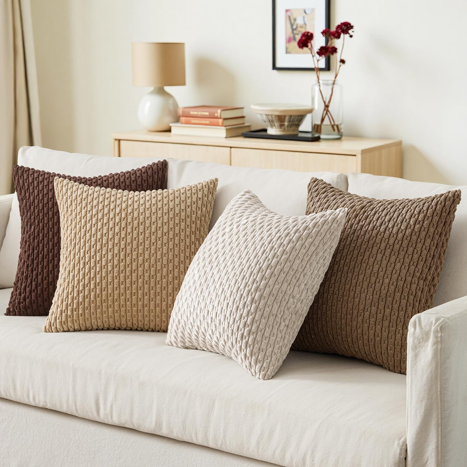 MIULEE Boho Brown Decorative Throw Pillow Covers for Couch Sofa Living Room Set of 4 Rustic Cushion Covers Neutral Farmhouse Corduroy Pillowcases Home Decor 18x18 Inch Brown Gradient Series