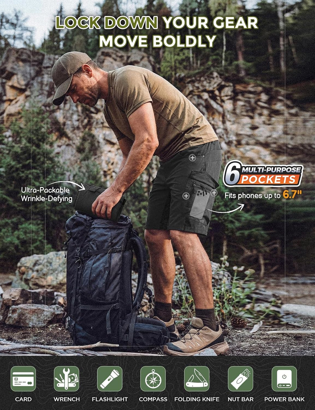 XKTTAC Men's Hiking Cargo Shorts: 4-Way Stretch with 6 Secure Pockets