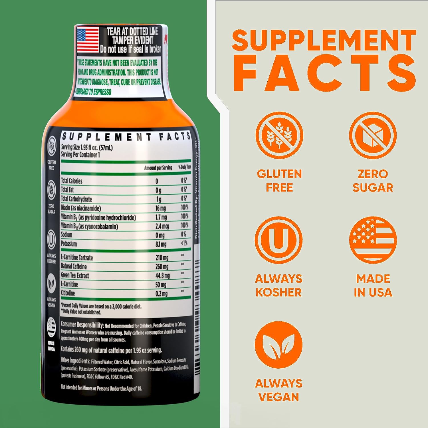 Vitamin Energy Tropical Infusion Extra Strength Energy Shot, 10 Pack - Up to 7 Hrs, 260mg Natural Caffeine, Zero Sugar - BCAAs + CoQ10, Focus Support, B12 B6 Niacin, 1.93 fl oz, Keto Vegan