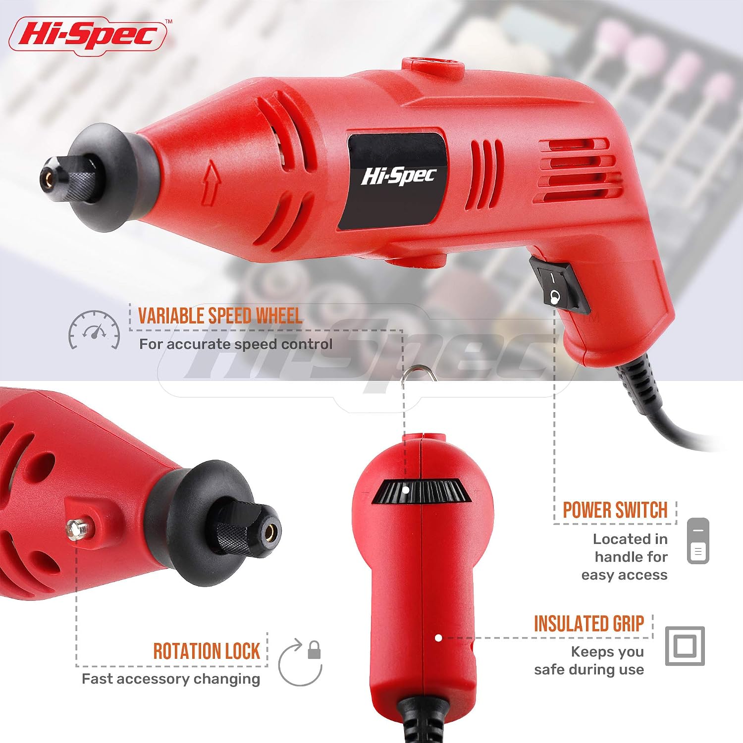 Hi-Spec 130W Corded Power Rotary Multi Tool Kit with Dremel Compatible Bit