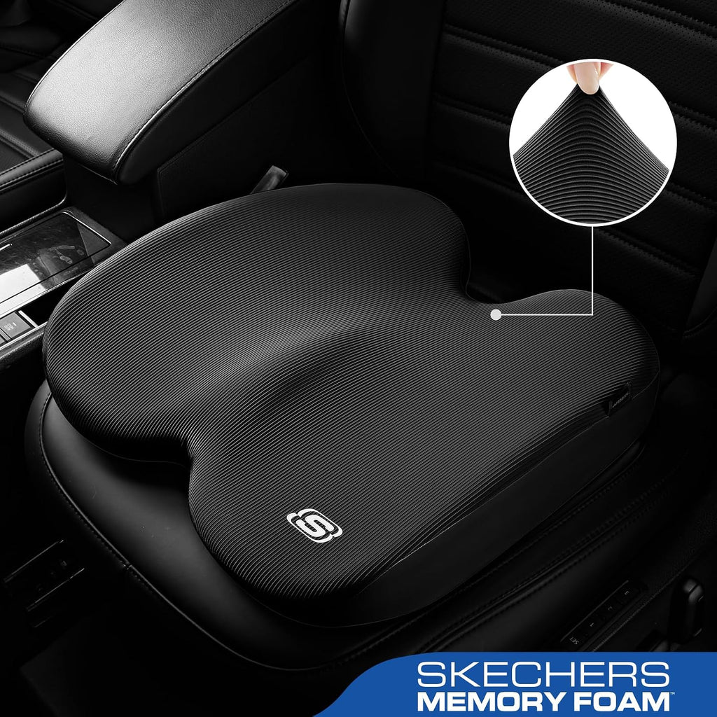 Skechers Seat Cushion, Ergonomic Memory Foam Cushion for Long Sitting Hours on Office & Home Chair, Car Seat Cushion for Sciatica, Coccyx Cushion,Black