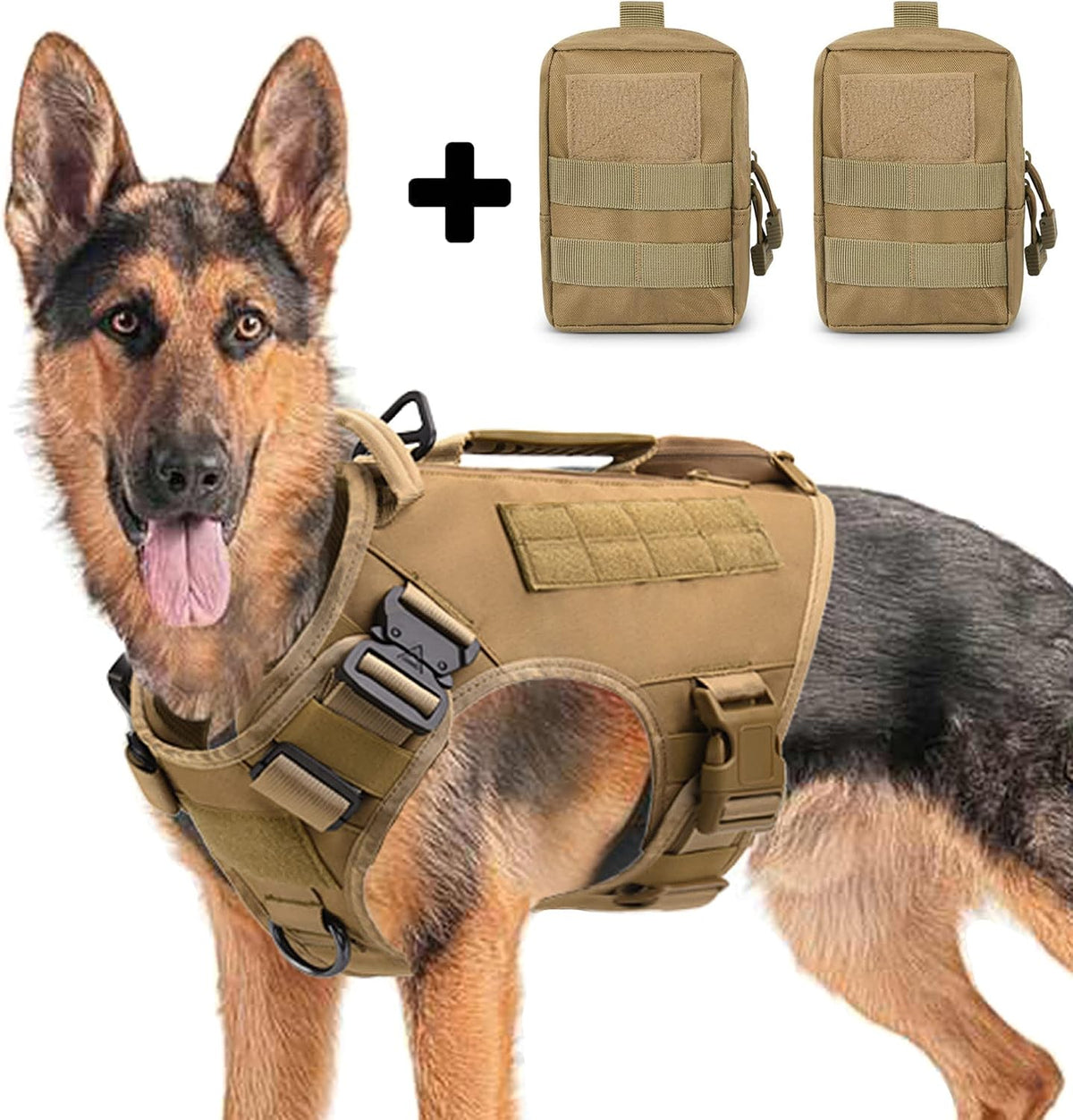 Tactical Dog Backpack Harness for Large Breed Original Design Metal Buckle Vest with Side Bags Pouches for Service Working Training (Khaki (with 2 Pouches), L)