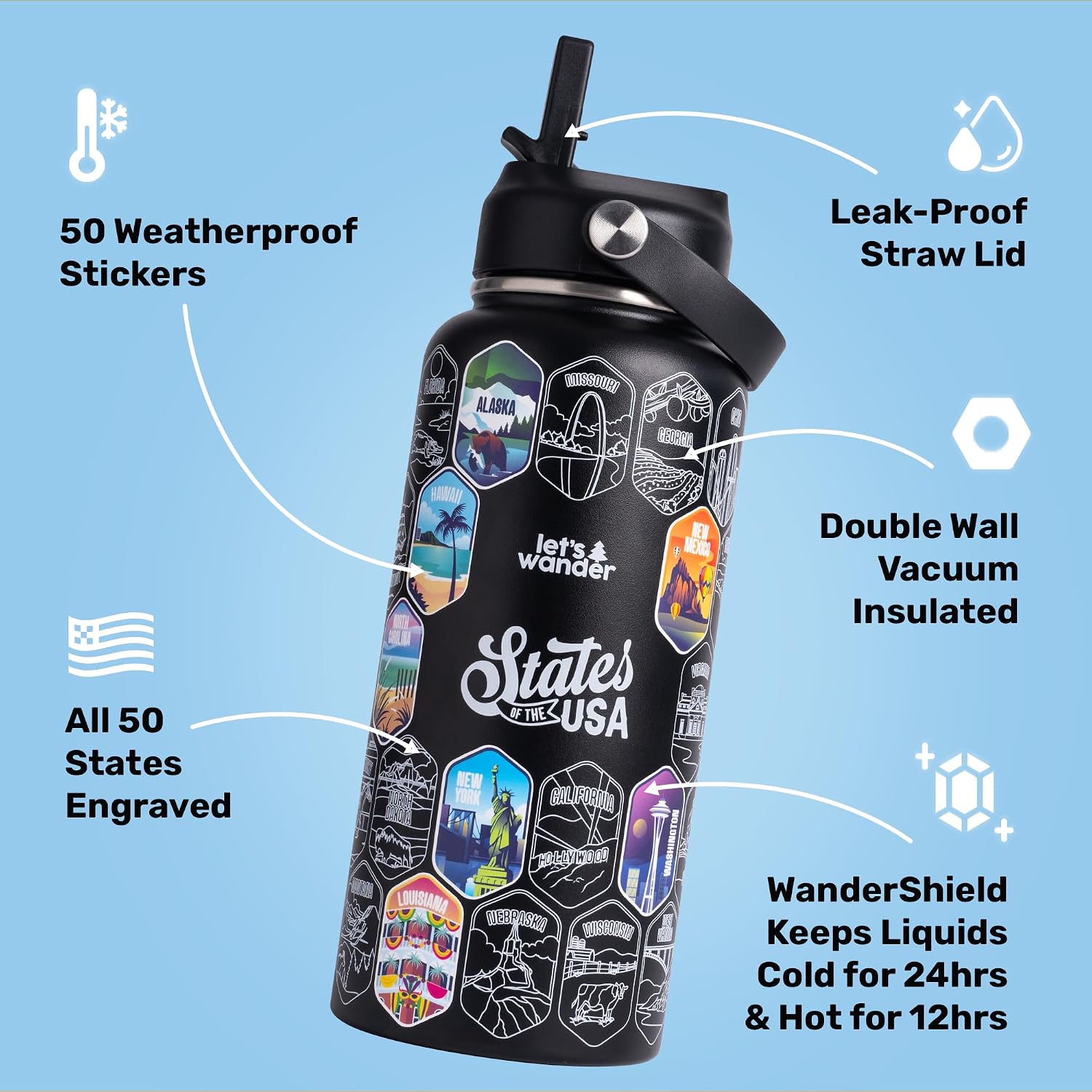 LET'S WANDER Lets Wander 50 States Water Bottle with Waterproof Stickers - 32oz Leakproof Insulated Stainless Steel with Straw - States of the USA Gift Bottle (Black)