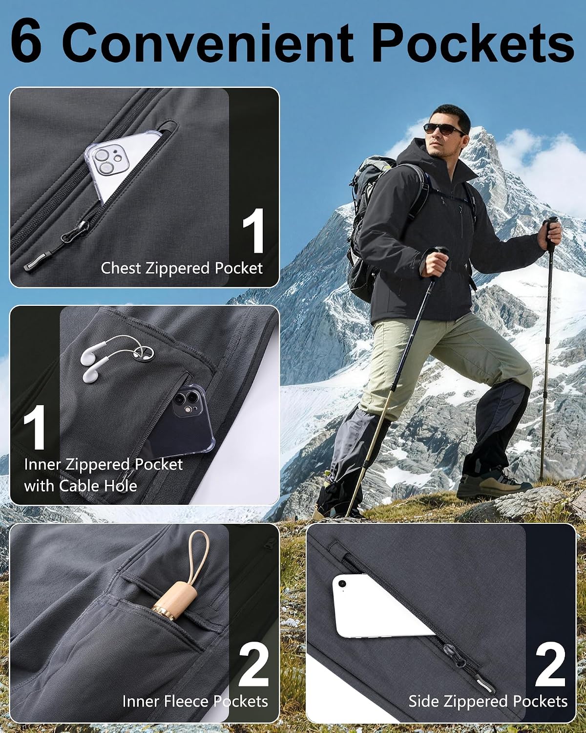 Outdoor Ventures Men's Softshell Jacket Waterproof Fleece Rain Shell Coat