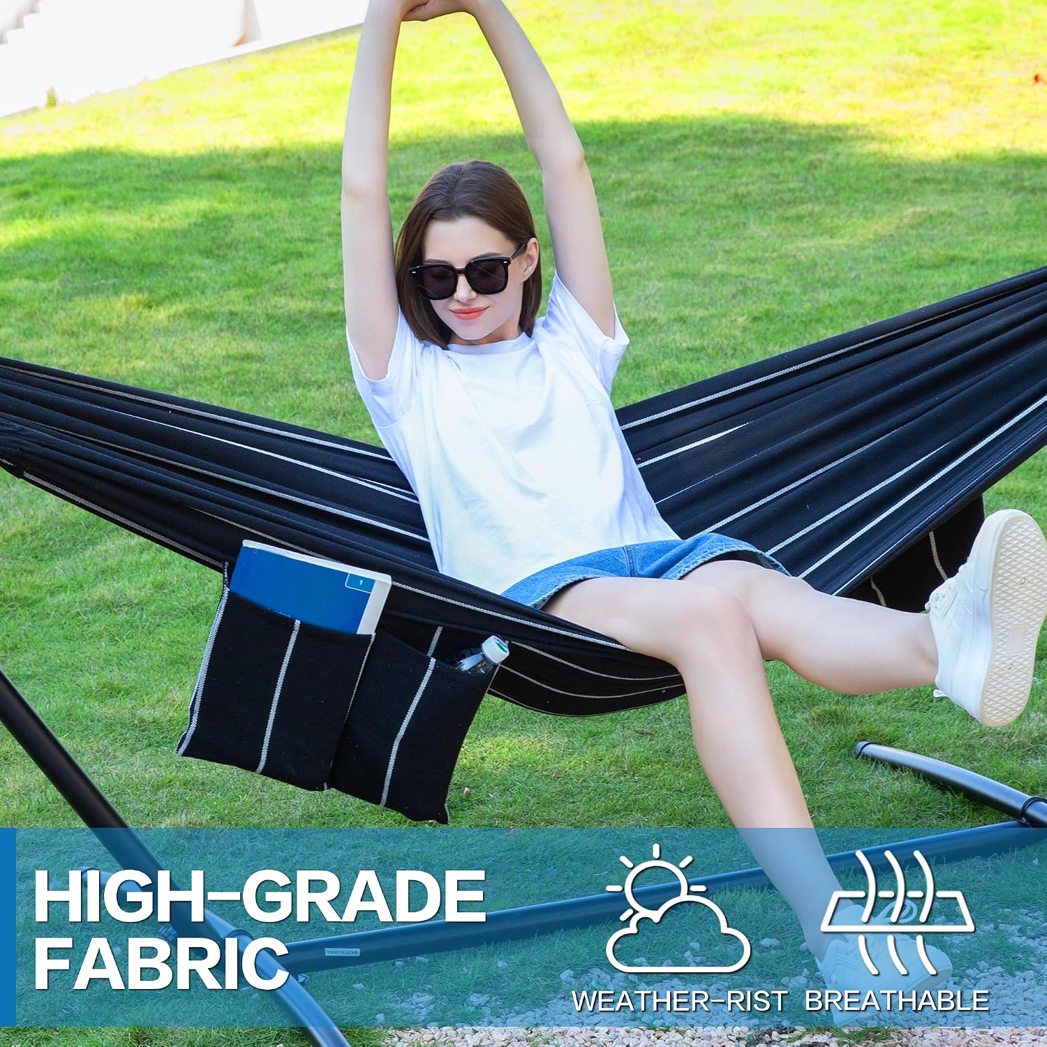 PNAEUT Double Hammock with Stand for Outside, Heavy-Duty, Portable (Chasm)