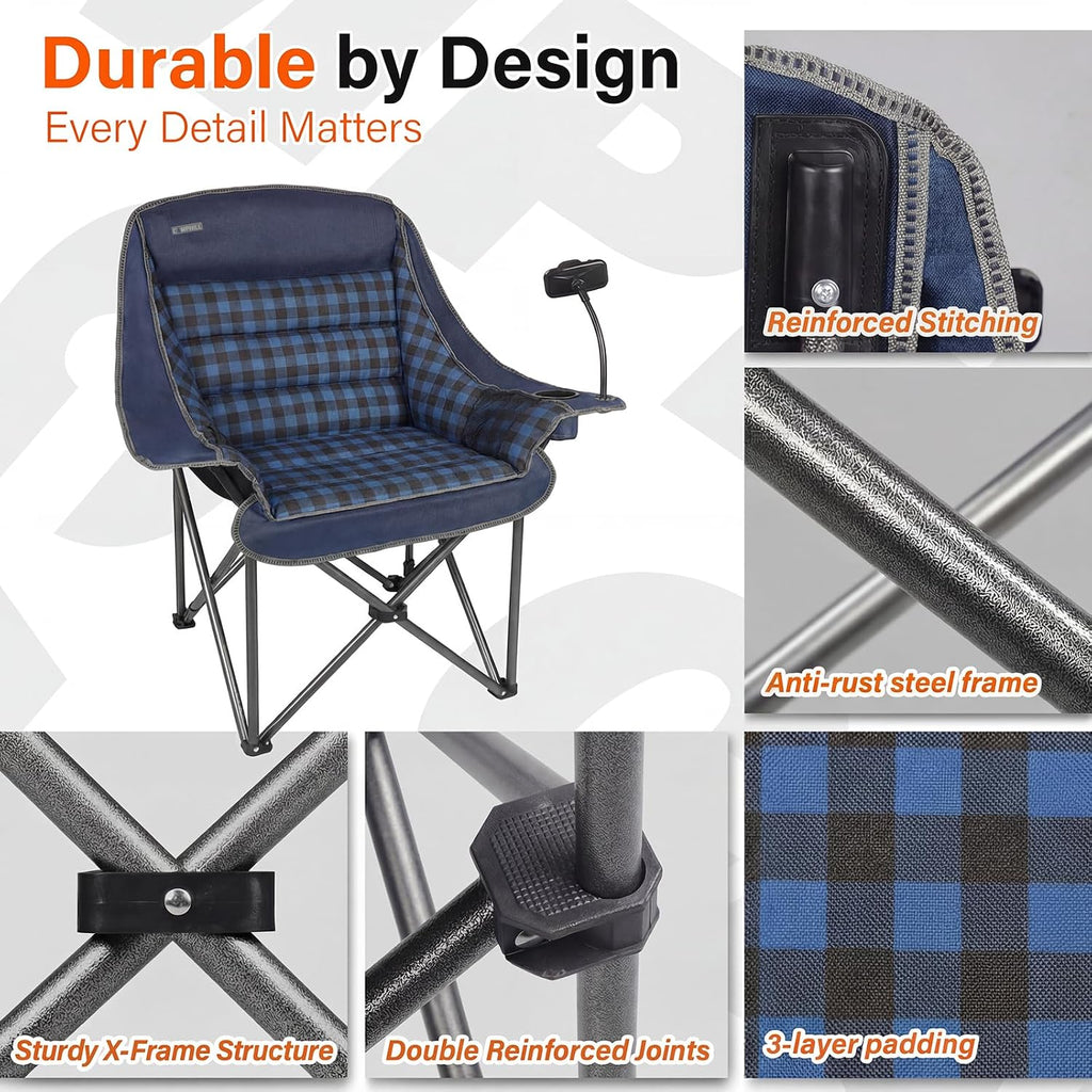 Oversized Camping Chairs for Adults- Heavy Duty Extra Large Lawn Chair,Folding Comfy Padded Camp Chair for Outdoor Sports Garden Beach,Wide&Thick,Blue Plaid