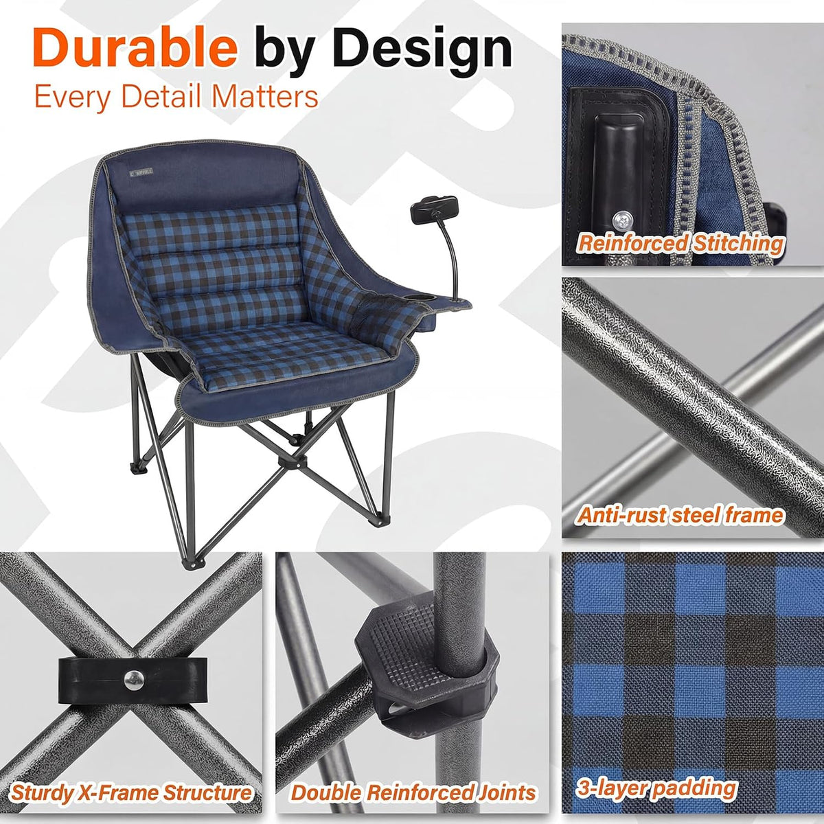 Oversized Camping Chairs for Adults- Heavy Duty Extra Large Lawn Chair,Folding Comfy Padded Camp Chair for Outdoor Sports Garden Beach,Wide&Thick,Blue Plaid