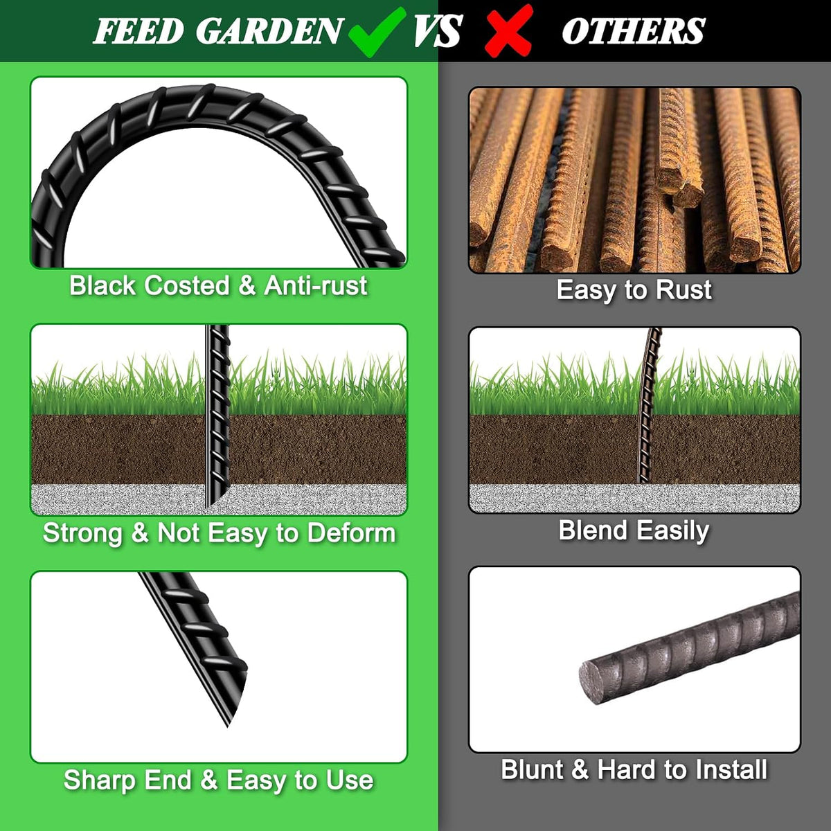 FEED GARDEN 12 Inch Rebar Stakes 8 Pack, Heavy Duty J Hook Ground Stakes