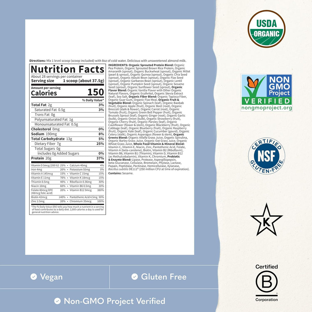 Garden of Life Raw Organic Meal Protein Powder, Vanilla, 28 Servings
