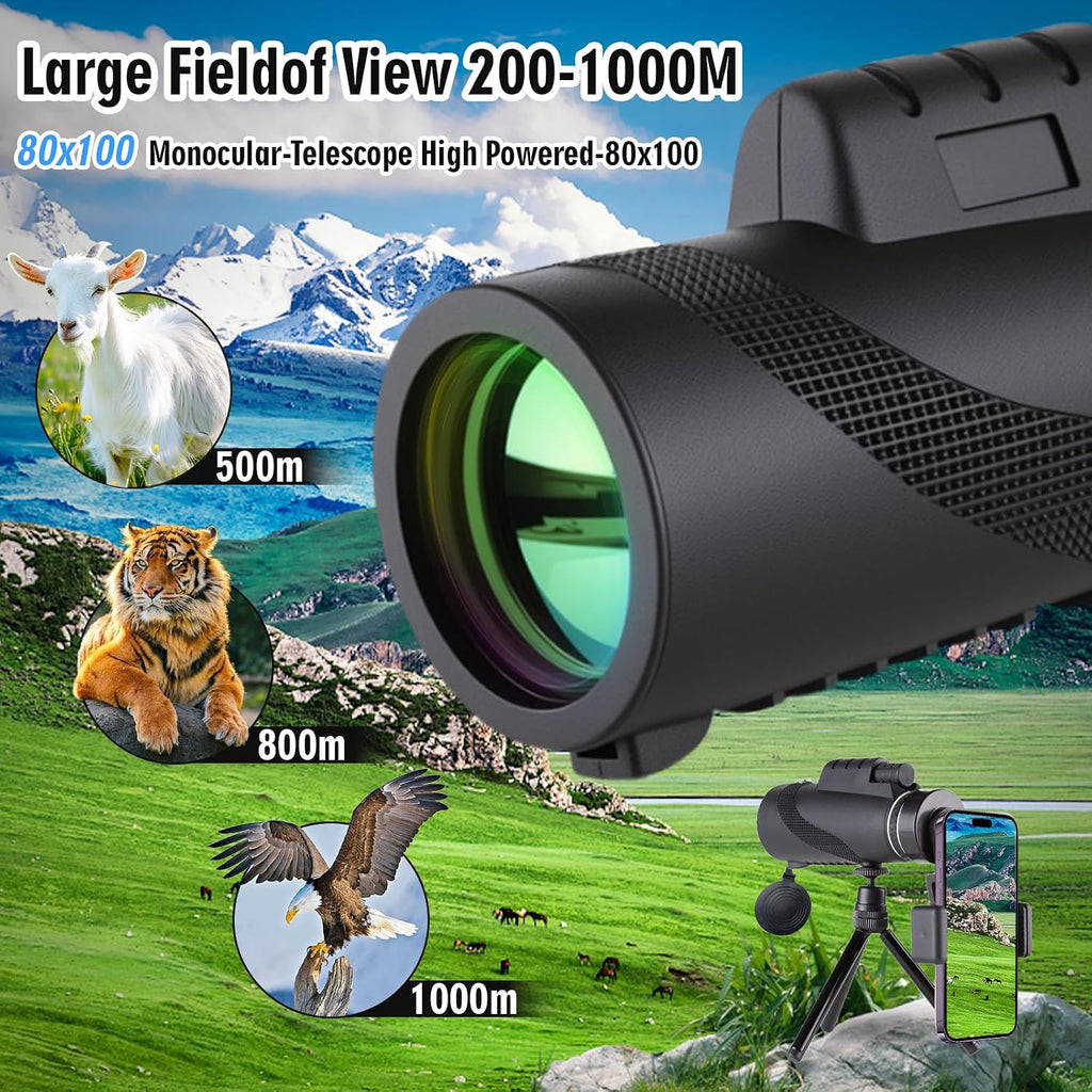 Monocular Telescope 80x100 High Powered Waterproof Monoculars for Adults with Smartphone Adapter Tripod Monocular for Wildlife Bird Watching Hunting Hiking Camping Travel, Black