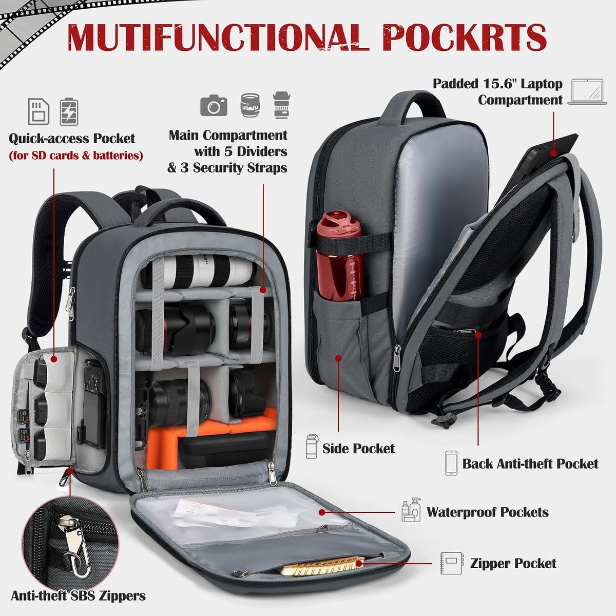 SDYSM Camera Backpack, Hardshell DSLR/SLR Camera Bag with Lens Pouch & 15.6" Laptop Compartment Waterproof Camera Case with Rain Cover Photography Backpack Compatible for Canon/Nikon/Sony/Drone,Gray