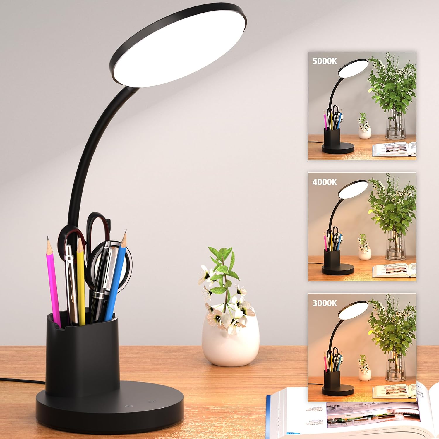 LED Desk Lamp for College Dorm with Pen Phone Holder, Black