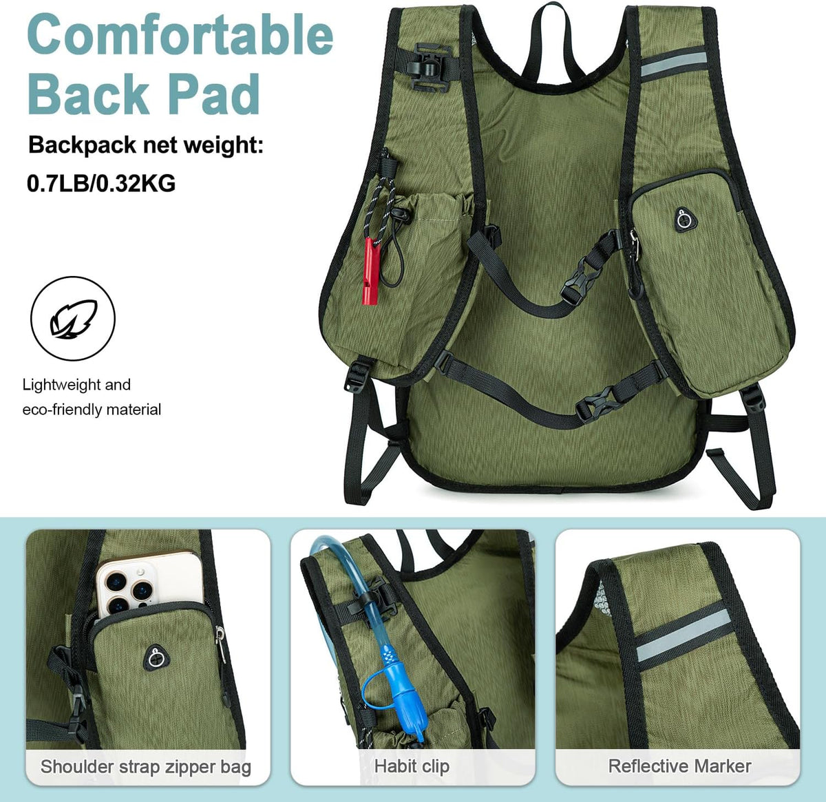 BOVIP Lightweight Hydration Back,15L Multipurpose Hiking Backpack with 1.5L Water Bladder ,Hydro Water Daypack for Cycling Hiking Rave for Men Women