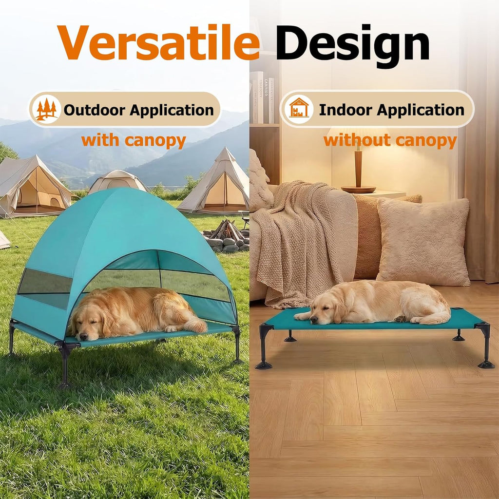 Elevated Dog Bed with UV-Proof Canopy, Outdoor Dog Tent with Powerful Adjustable Feet, Portable Pet Cot with Wider Shade, Raised Cooling Bed for Camping, Patio, Beach, Poolside
