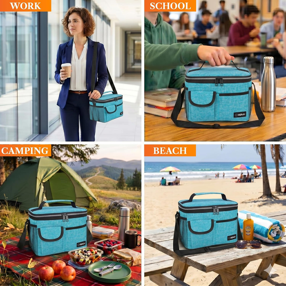 opux Insulated Lunch Box Adult, 14 Can Leakproof Cooler Bag Kid, Sea Blue