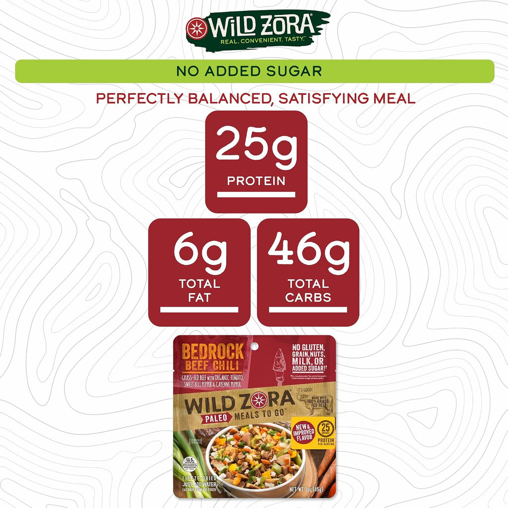 Wild Zora Paleo Freeze Dried Meals for Backpacking & Camping - Healthy Gluten Free & Grain Free Camping Meals/Backpacking Food + No Added Sugar - Great for Travel (Bedrock Beef Chili 2-pack)