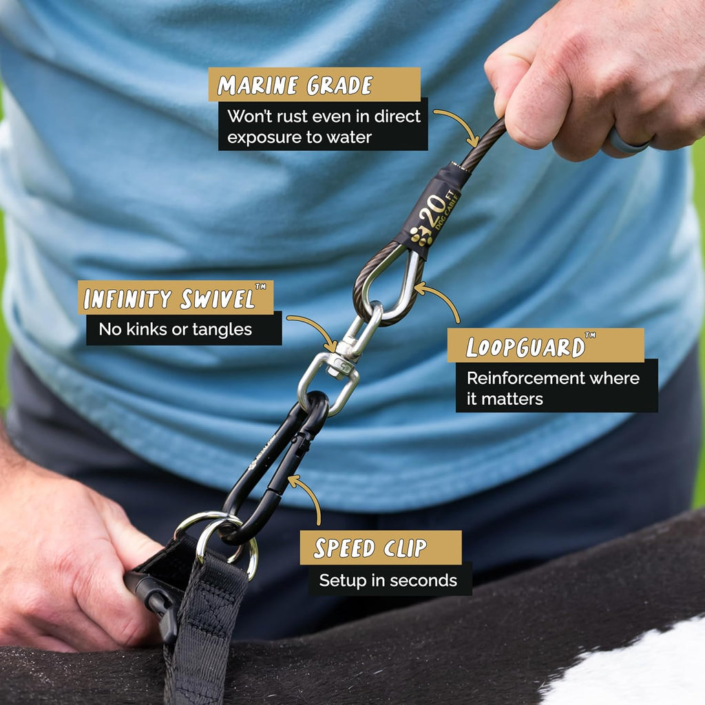 ROYAL PAW Dog Tie Out Cable and Stake 20ft - for Large Dogs up to 300 lbs - Heavy Duty Tether and Dog Stake for Yard, Beach & Camping Outside (Black, L/XL - 20ft)