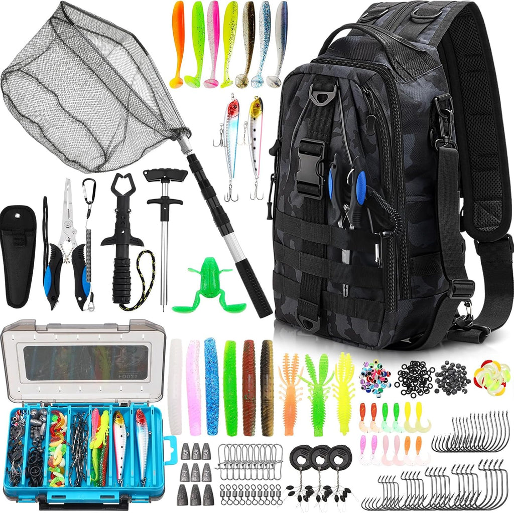 RoundFunny 256 Pcs Fishing Backpack with Tackle Box Gears, Tackle Sling Bag Backpack, Fishing Hook, Lures, Retractable Landing Net, Plier, Lip Gripper, Hook Remover, Fish Gift Men