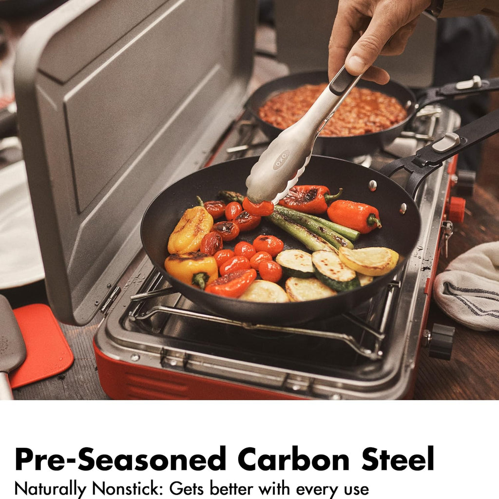 OXO Outdoor 8 Piece Camping Cookware Set, 10" Pre-Seasoned Carbon Steel Frying Pan Skillet, 2.25QT and 5QT Stainless Steel Saucepans with Lids, Removeable Handle, Trivet, Travel Bag, Space-Saving