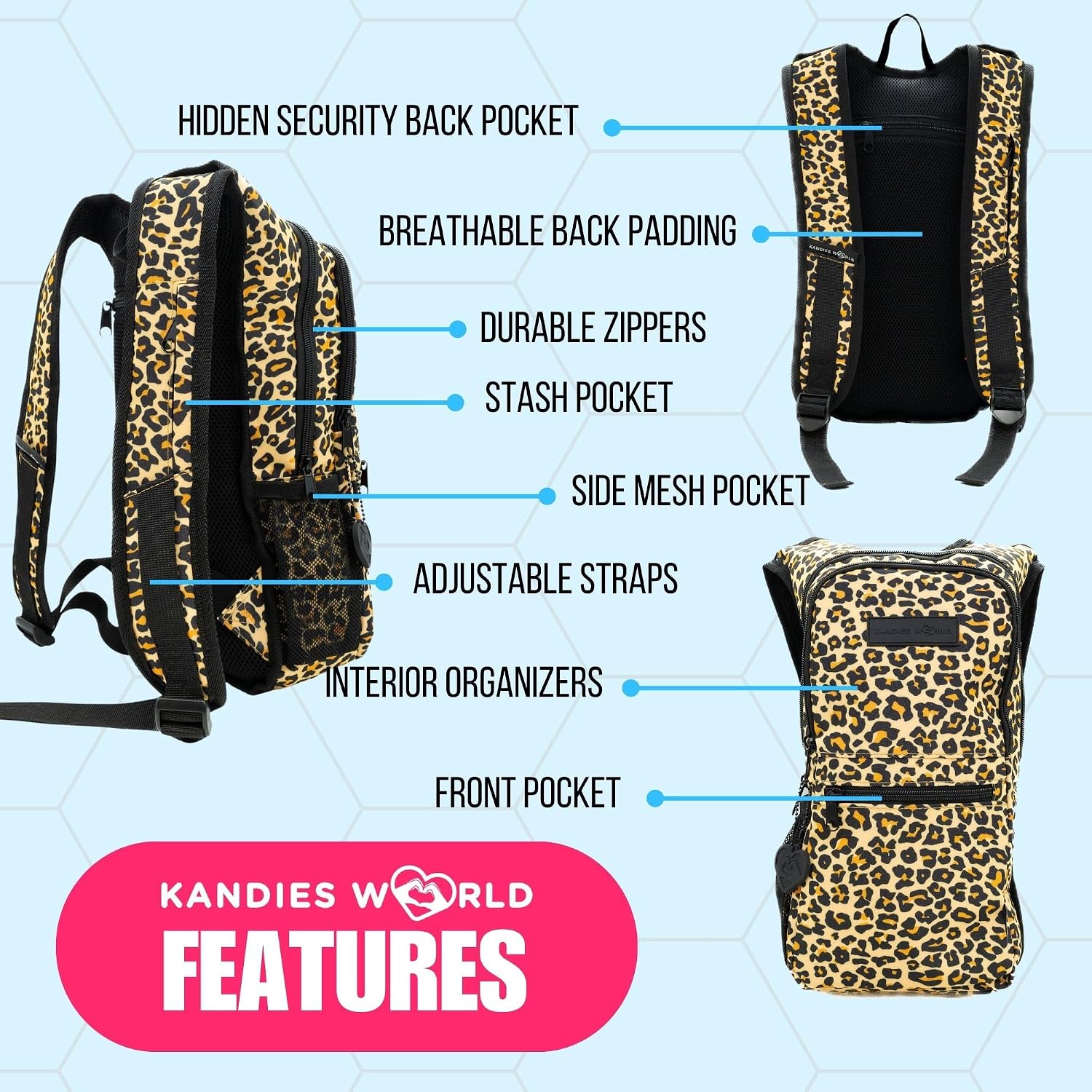 Kandies World Reflective Festival Hydration Pack - 2L Hydropack for Raves, Hiking, Biking, Running, and More (with Anti-Theft Pocket)