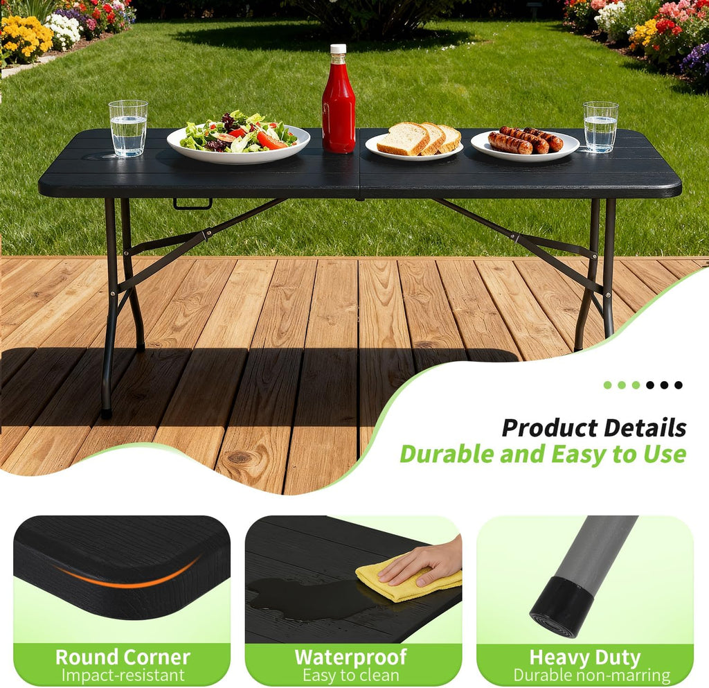 BestOffice | 6FT Folding Table | Black Wood Grain | Portable Plastic Table