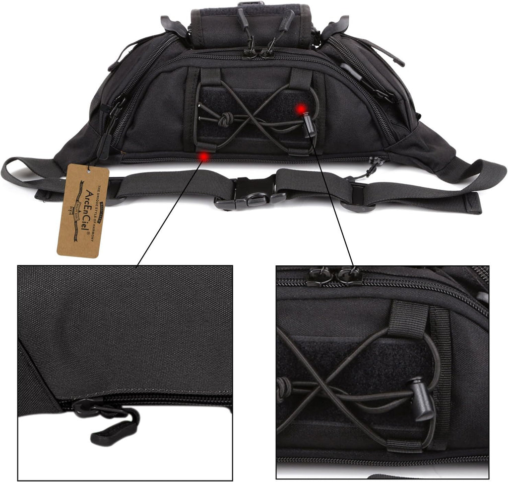 ArcEnCiel Tactical Fanny Pack for Men Women Waist Bag Hip Belt Outdoor Hiking Fishing Bumbag with Patch (Black)