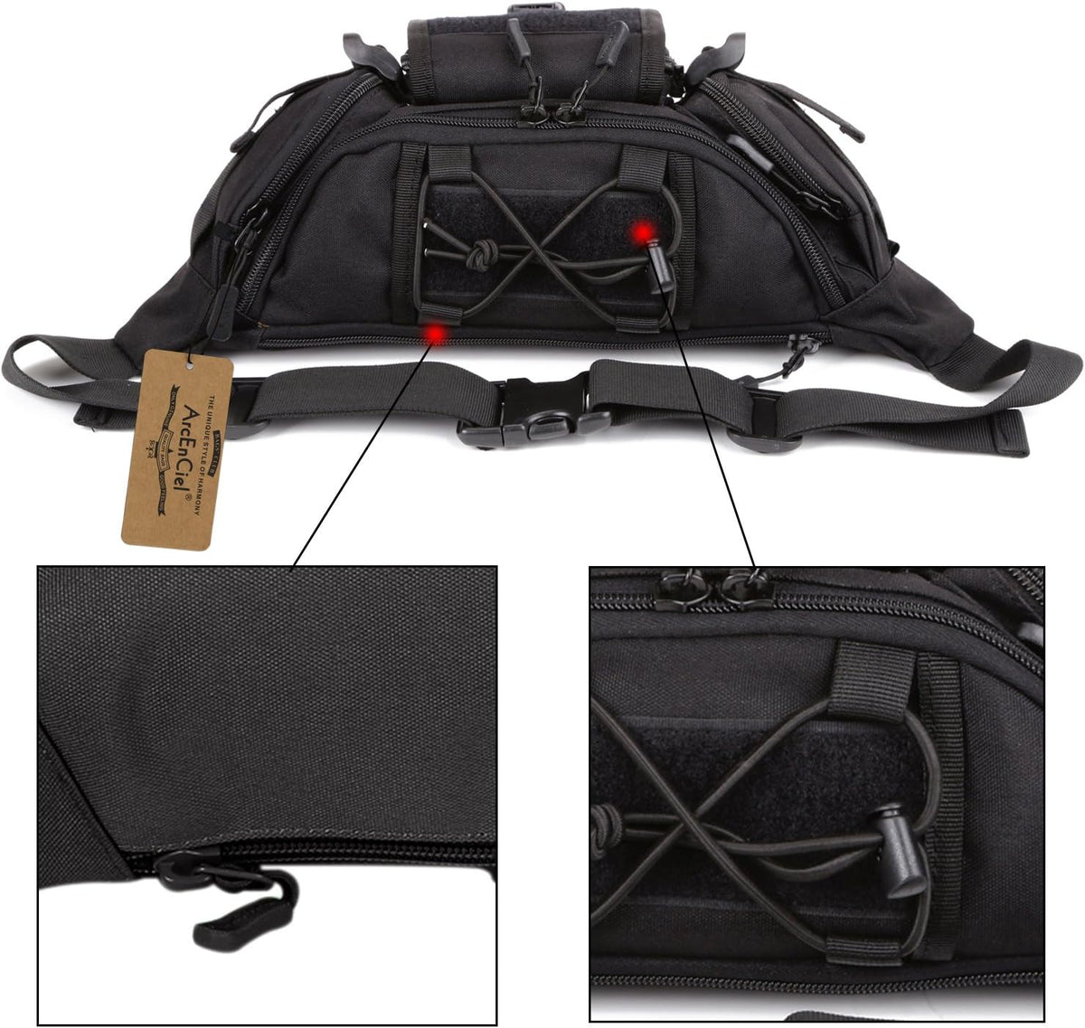 ArcEnCiel Tactical Fanny Pack for Men Women Waist Bag Hip Belt Outdoor Hiking Fishing Bumbag with Patch (Black)