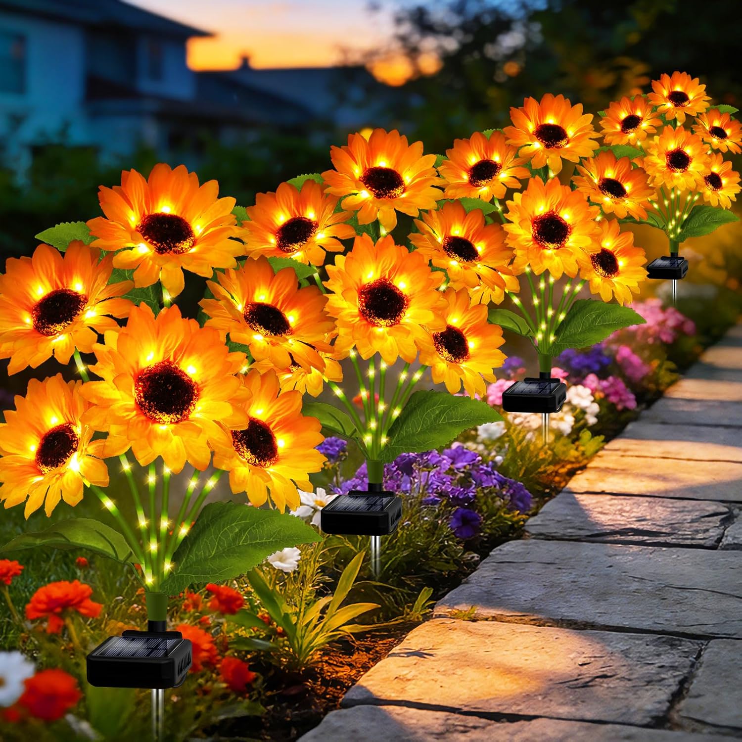 Solar Garden Lights Outdoor, 4 Pack Solar Sunflower Lights with 18 Head 3.5 Inch Flowers, Waterproof Flowers Light Fall Decor Auto ON/Off for Garden Yard Patio Backyard, Gifts for Mom Women