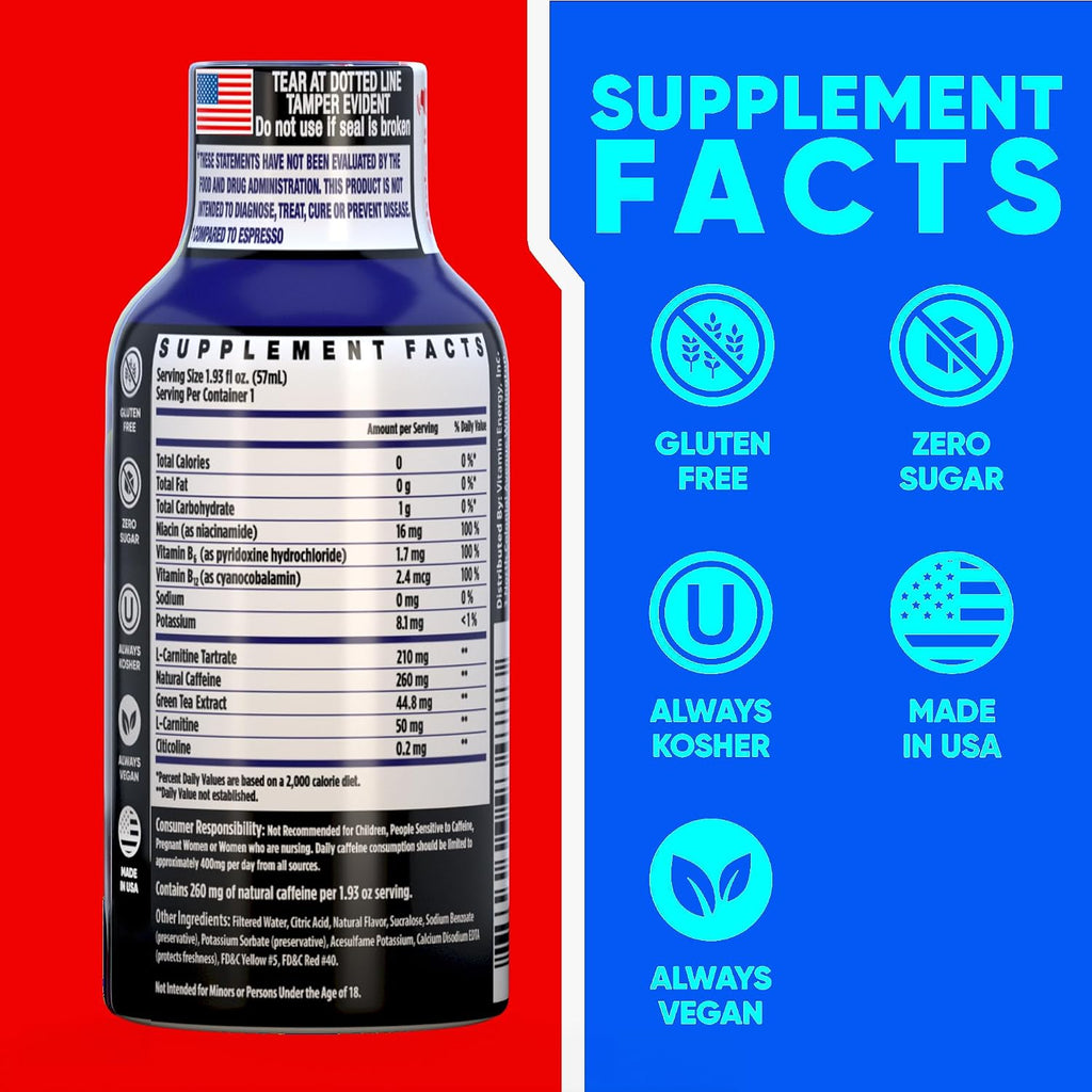 Vitamin Energy Blue Raspberry Twist Extra Strength Energy Shot, 24 Pack - Up to 7 Hrs, 260mg Natural Caffeine, Zero Sugar - Electrolytes + BCAAs, Hydration, B12 B6 Niacin, 1.93 fl oz, Keto Vegan