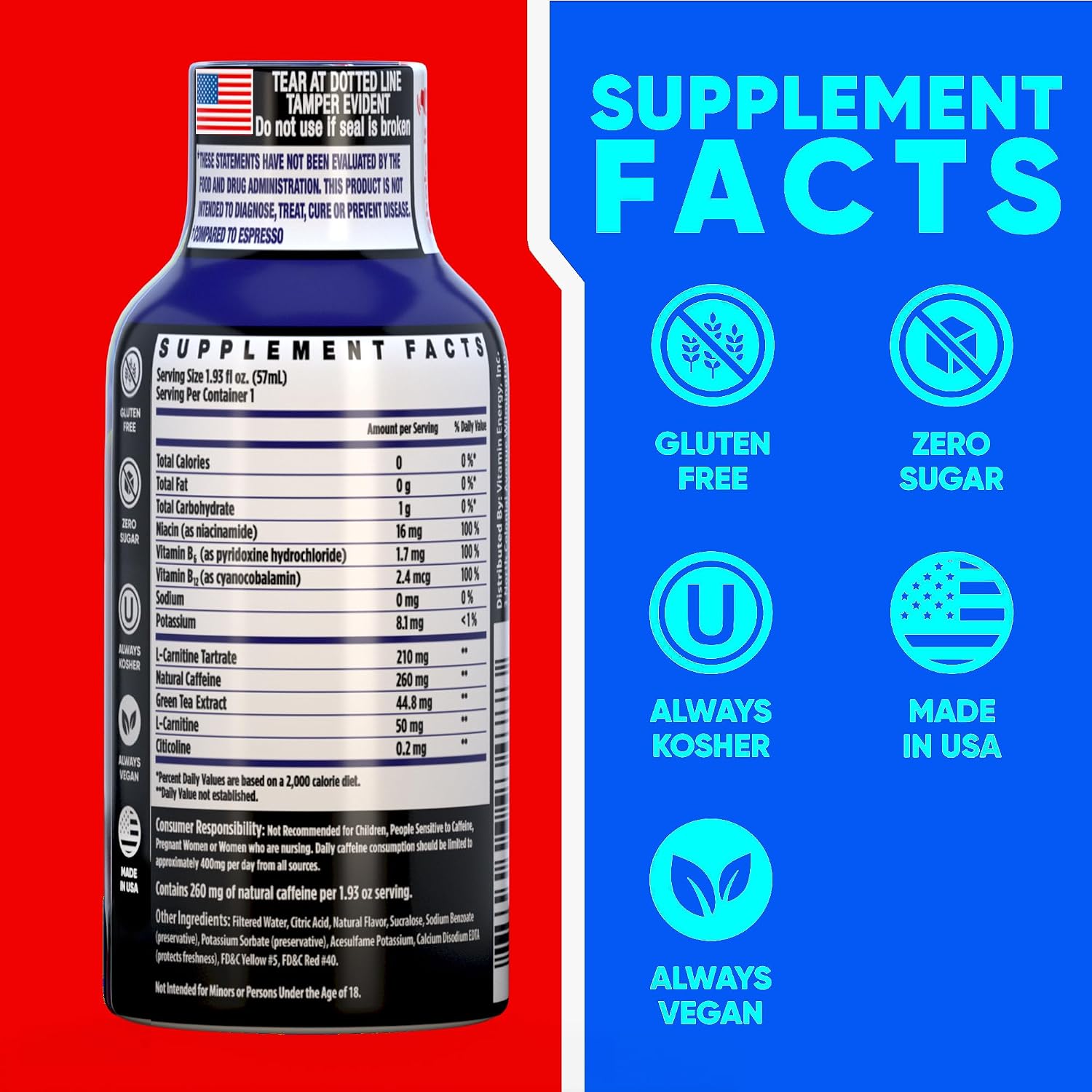 Vitamin Energy Blue Raspberry Twist Extra Strength Energy Shot, 12 Pack - Up to 7 Hrs, 260mg Natural Caffeine, Zero Sugar - Electrolytes + BCAAs, Hydration, B12 B6 Niacin, 1.93 fl oz, Keto Vegan