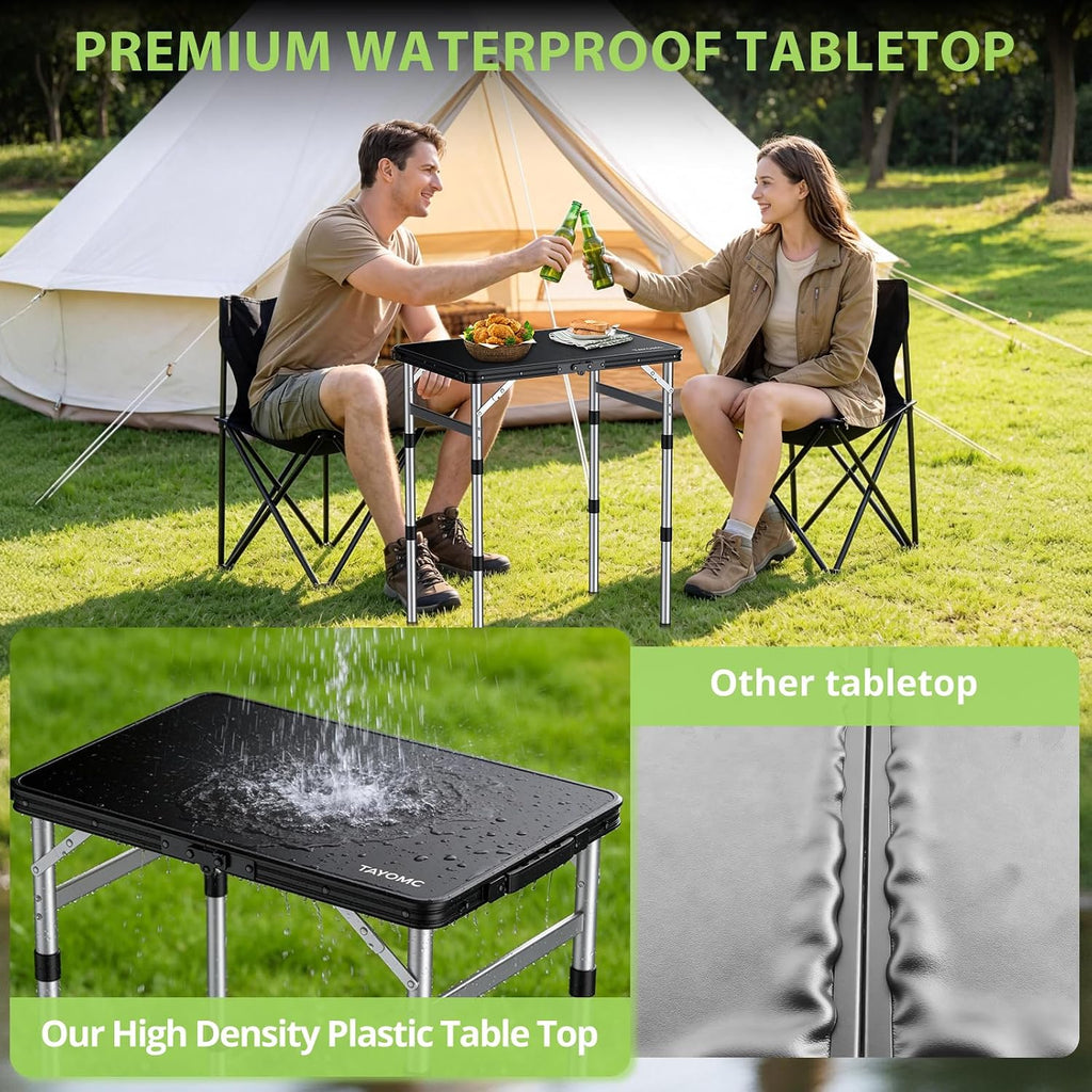 2ft Plastic Folding Table, 3 Adjustable Height Waterproof Small Folding Camping Table Lightweight & Portable with Carry Handle, for Indoor Outdoor RV Travel Picnic Beach, 22.8" X 15.7", Black