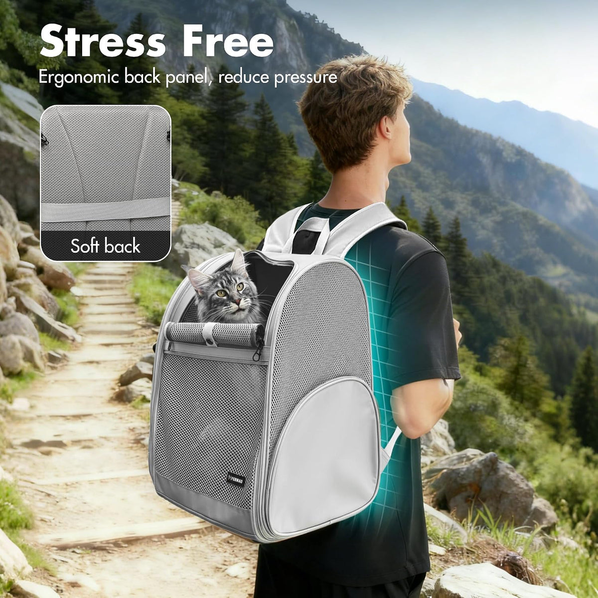 Pet Backpack Carrier ，Large Cat Carrier Backpack Up to 20 Lbs with Breathable Mesh, for Medium Large Cats or Small Dogs, Travel Hiking Camping Backpack (Gray-XL)