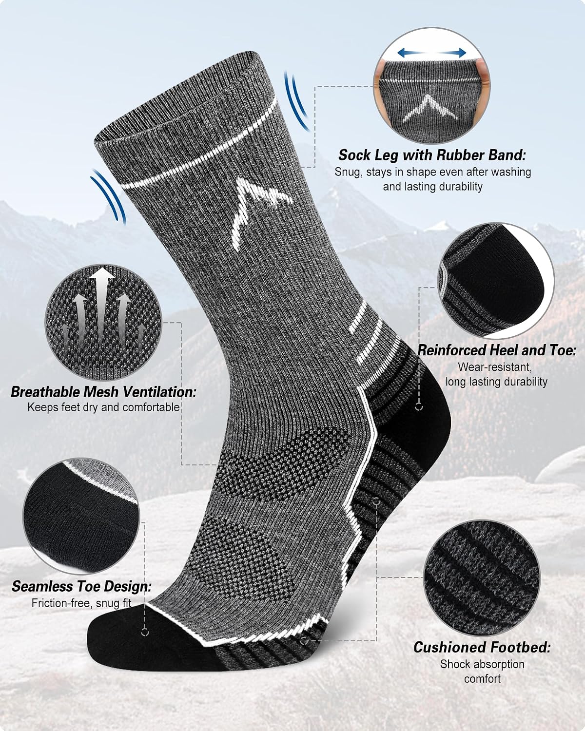 SIXDAYSOX Merino Wool Socks Mens, Crew Cushioned Hiking Socks Men Size 8-16
