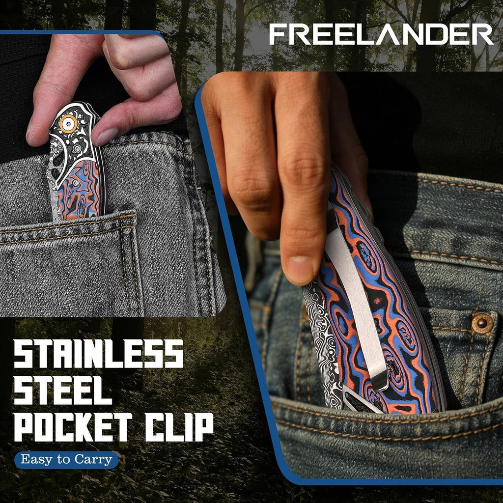 Freelander Damascus Folding Pocket Knife with G10 Handle - Gifts for Men