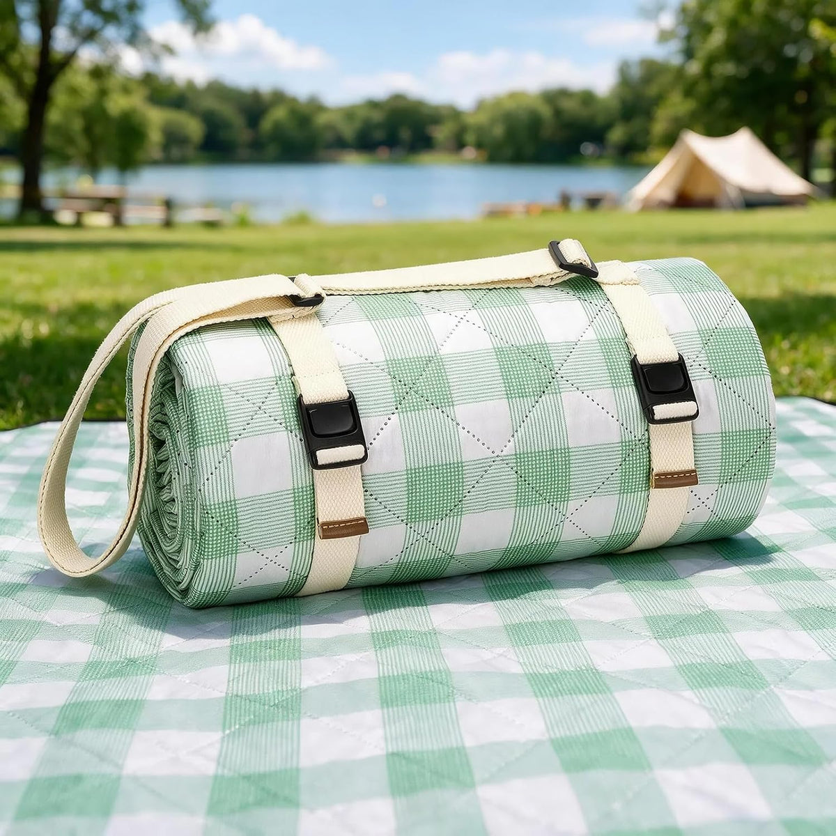 WILLOW WEAVE Large Picnic Blanket Waterproof,Outdoor Blanket - Green